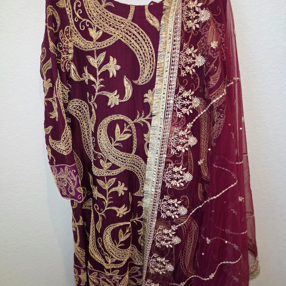 Embroidered Maroon Party Salwar Kameez with Gold Threadwork